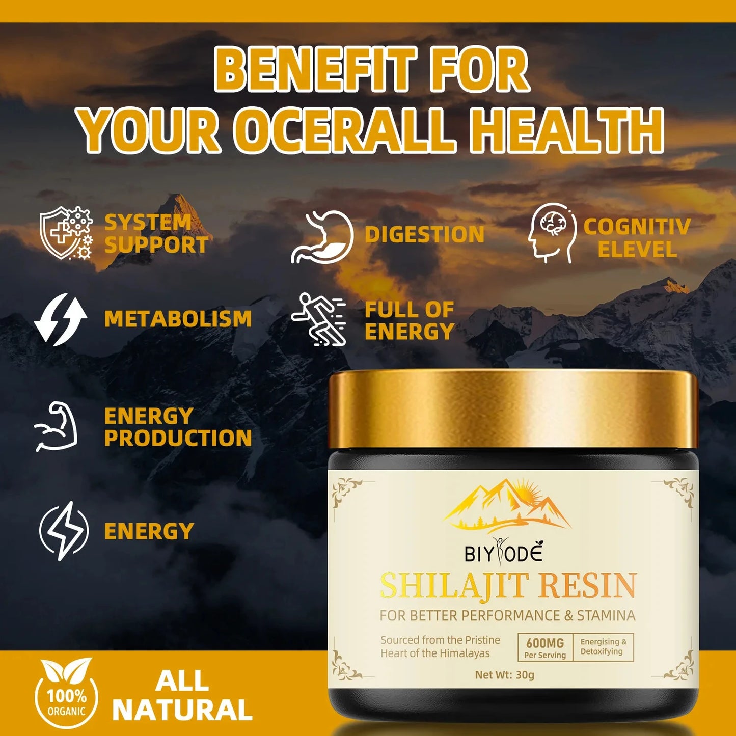 BIYODE Himalayan 100% Pure Shilajit with Folic Acid & 85+ Trace Minerals